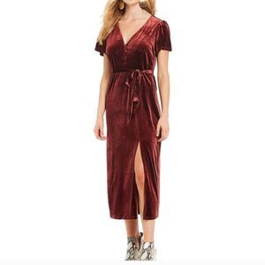 Sanctuary Airy Night Slit Midi Dress Dark Dusty Red Velvet Belted HOCO Size S